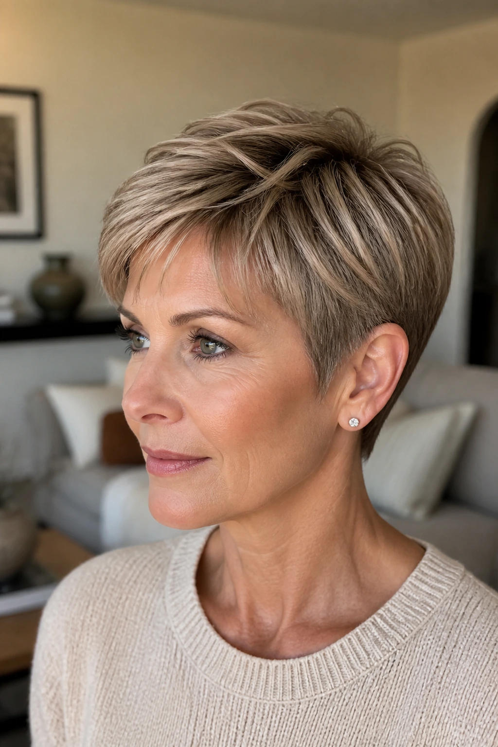 Close-up portrait of a real woman with beige pixie and soft baby lights in warm living room light