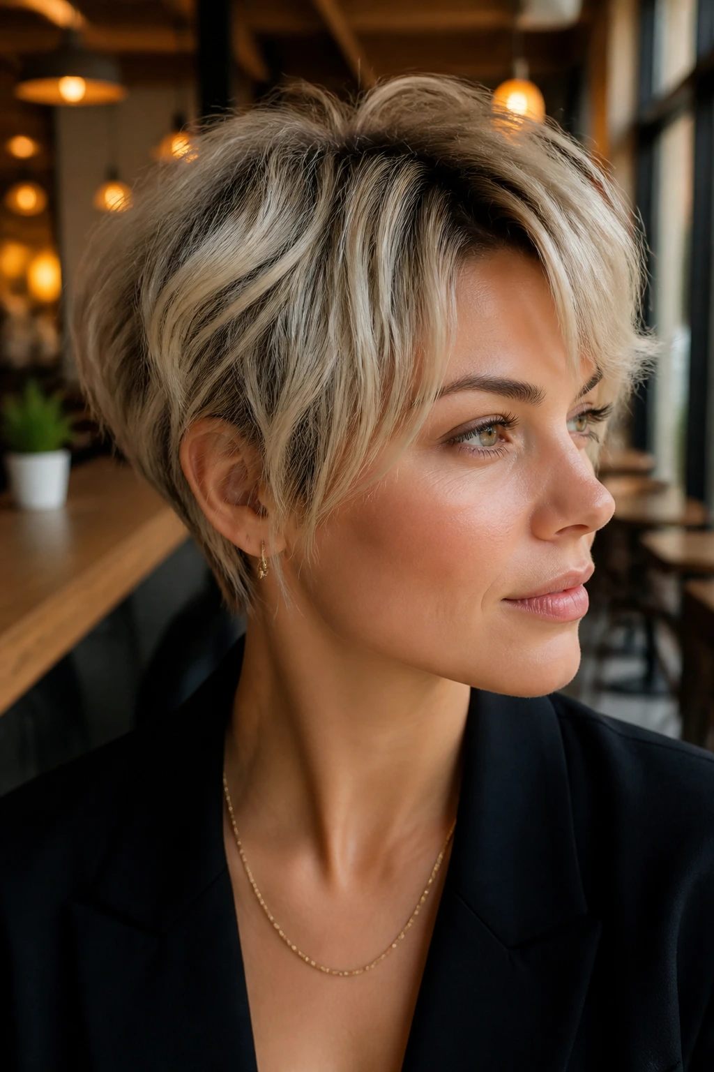 Close-up of a real woman with piecey pixie bob in cool beige blonde and shadowed roots
