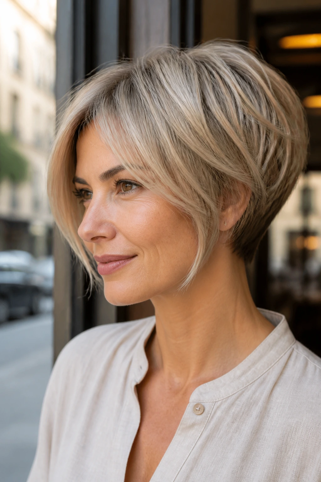 Portrait of a real woman with beige pixie bob hybrid stacked back