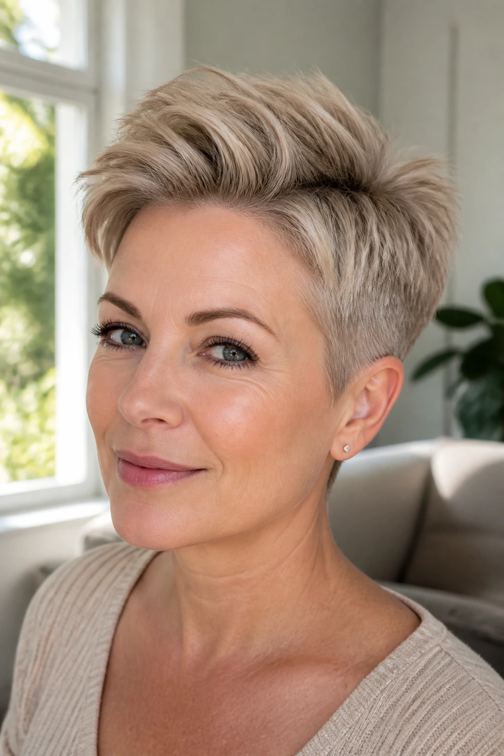 Portrait of a real woman with beige pixie crown lift