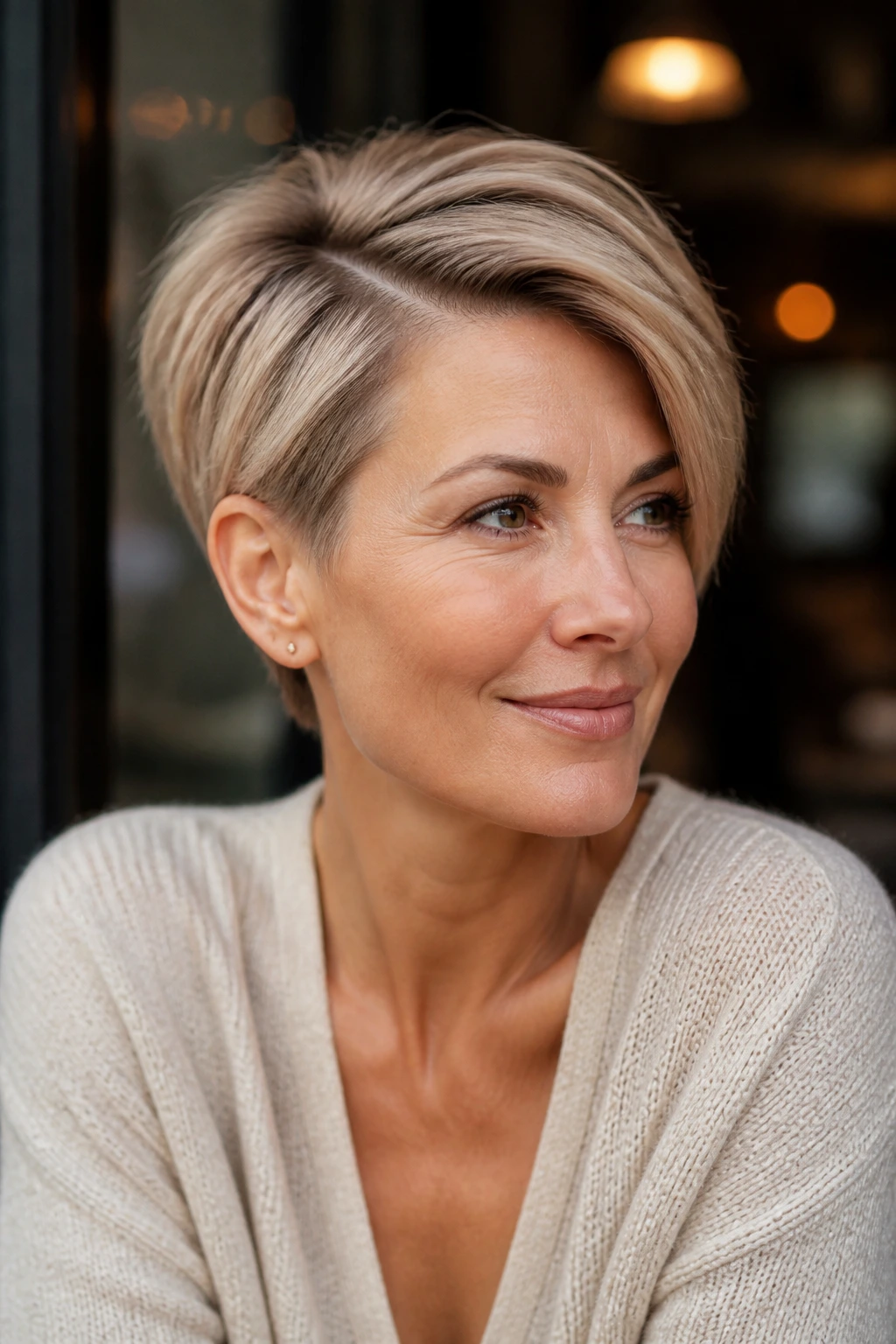 Close-up portrait of a real woman with beige pixie and deep side part in cafe light