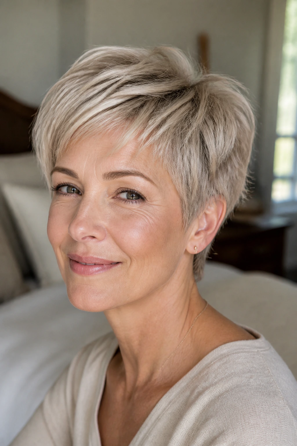 Close-up portrait of a real woman wearing beige pixie with feathered sides, soft tapered edges