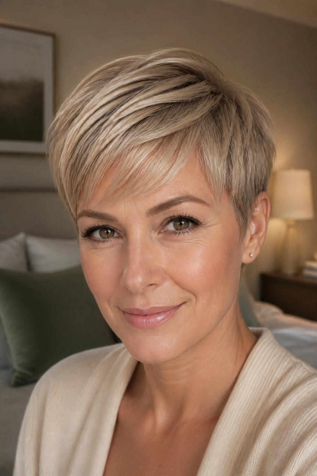Close-up portrait of a real person with beige pixie and glossy finish reflecting light