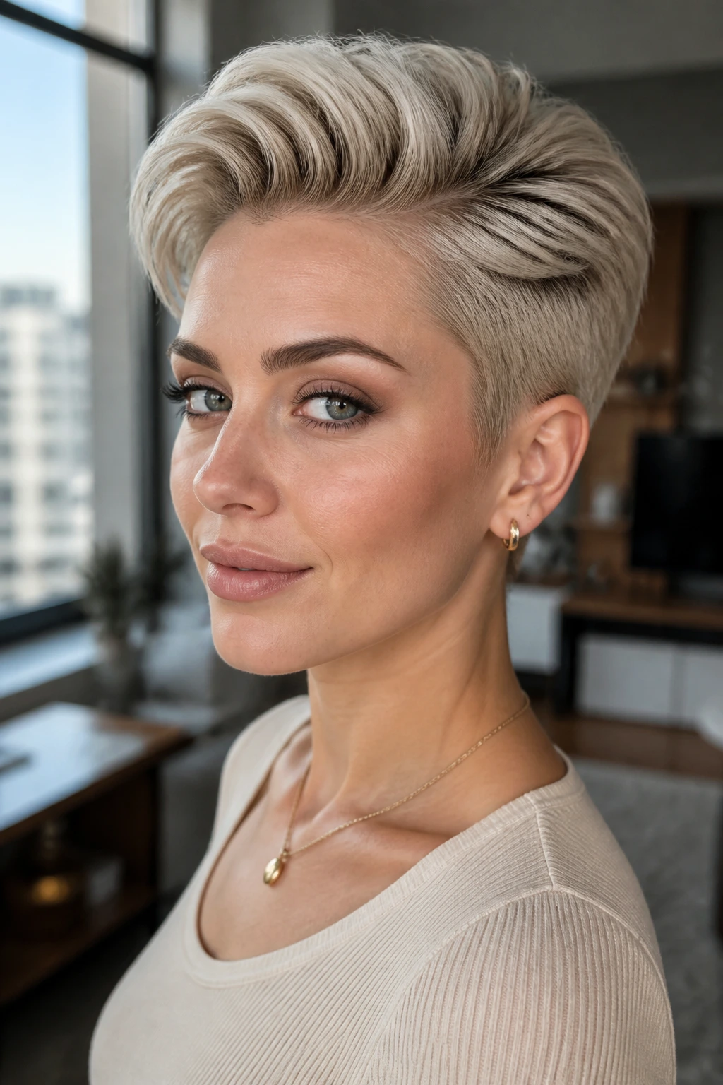 Close-up portrait of a real person with beige platinum pixie and elongated top