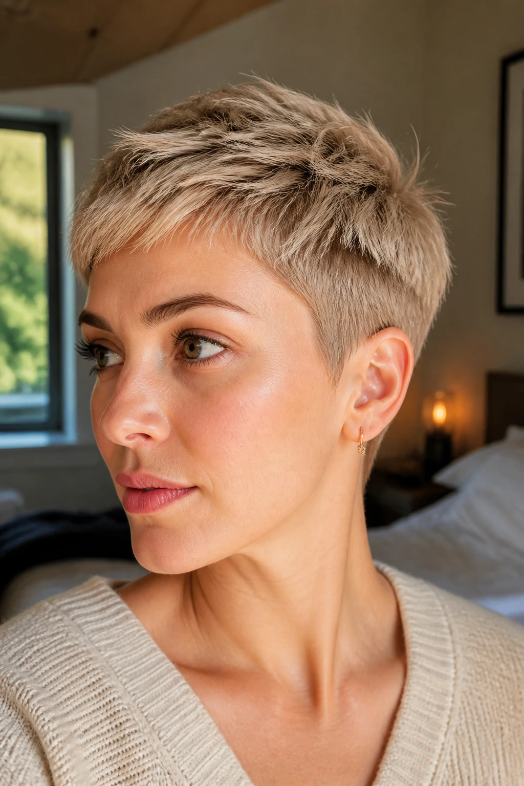 Close-up of a real woman with cropped beige pixie and razor ends, soft texture