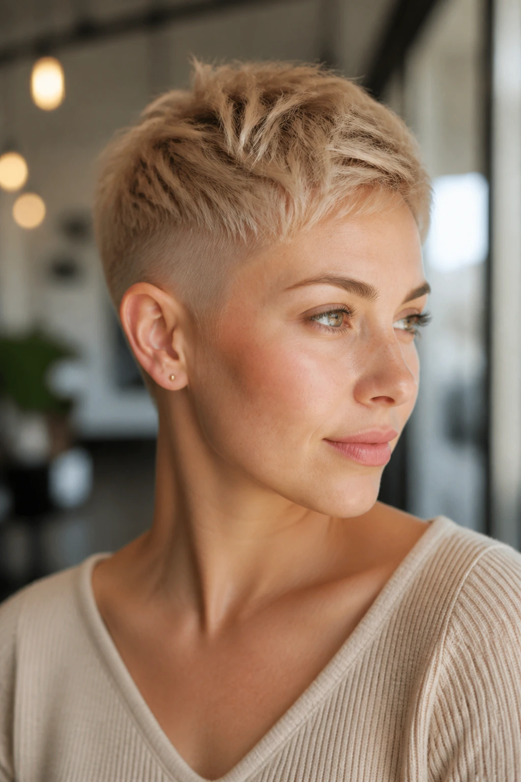 Close-up portrait of a real woman with beige pixie and temple fade in soft salon lighting