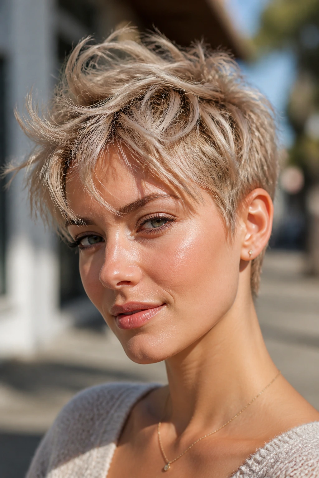 Close-up portrait of a real woman with tousled beige pixie and extra texture in sunny outdoor light