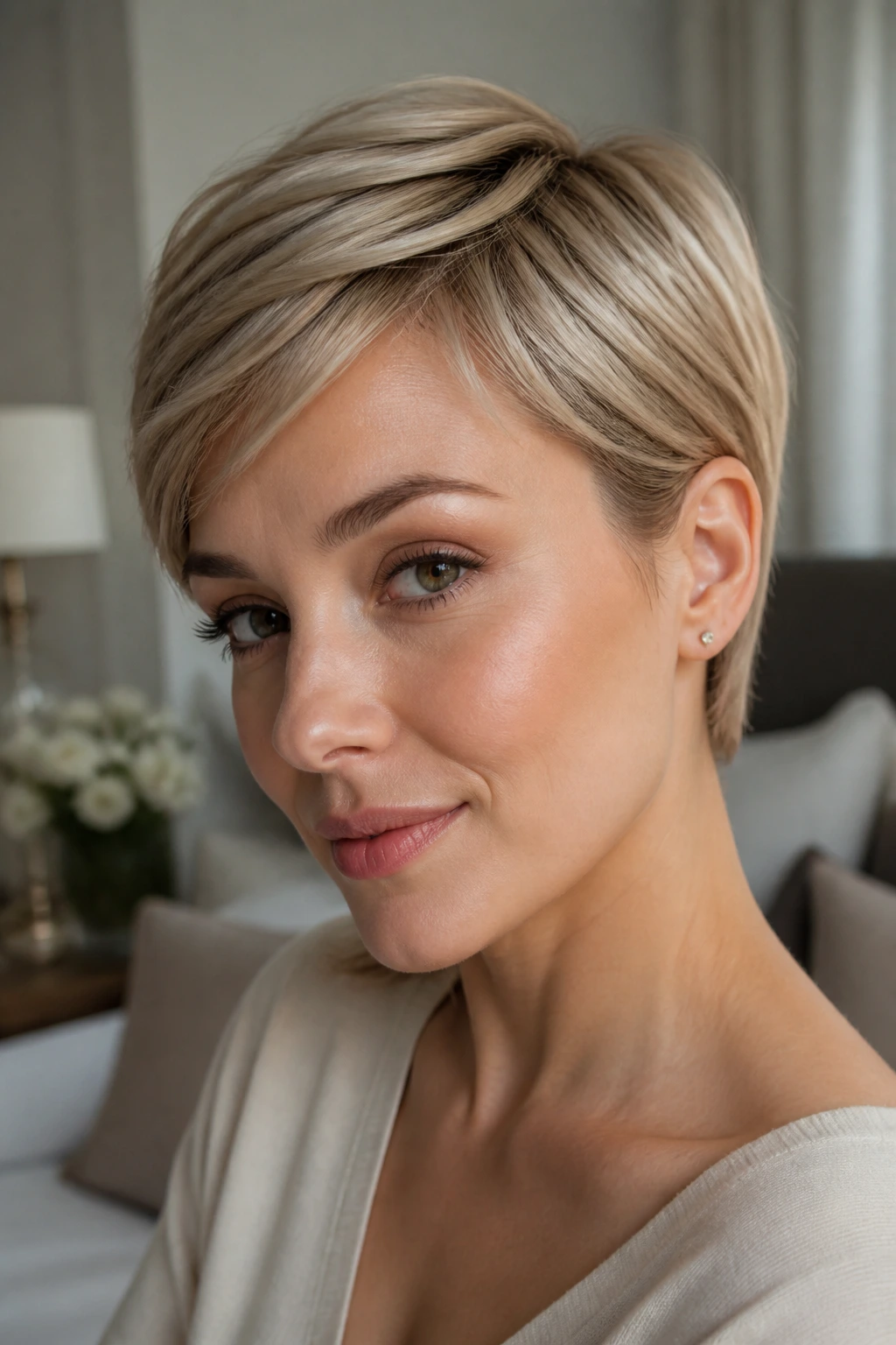 Close-up portrait of a real woman with a sleek beige pixie tucked behind the ear