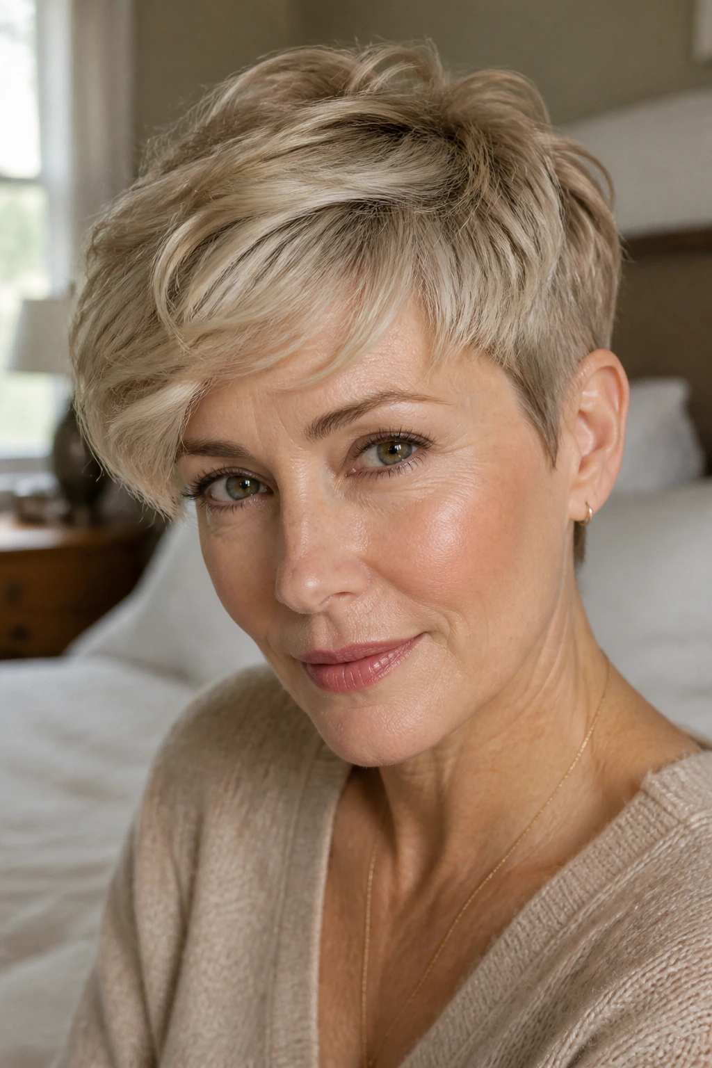 Close-up portrait of a real woman with beige pixie and soft wave in warm window light