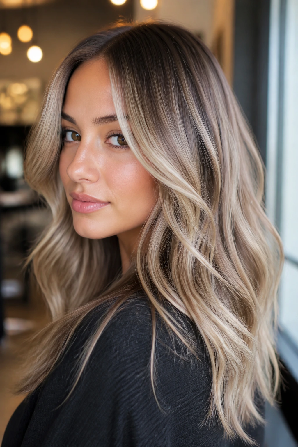Close-up portrait of a real woman with beige-platinum balayage on brown hair in a warm salon setting