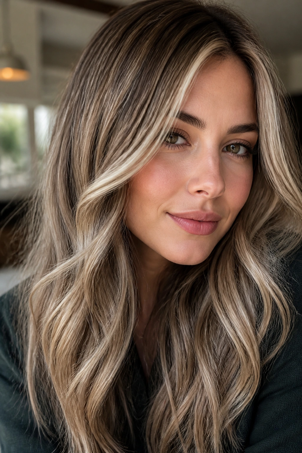 Close-up of a real woman with beige-to-platinum highlights and lowlights on brown hair.