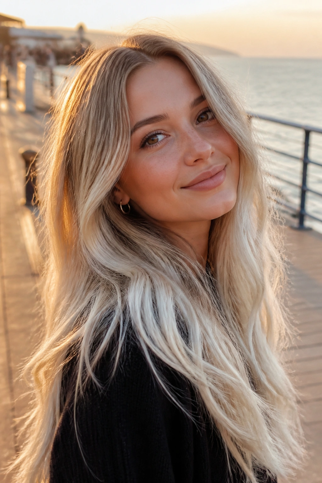 Close-up of a woman with beige-platinum ombré on long hair