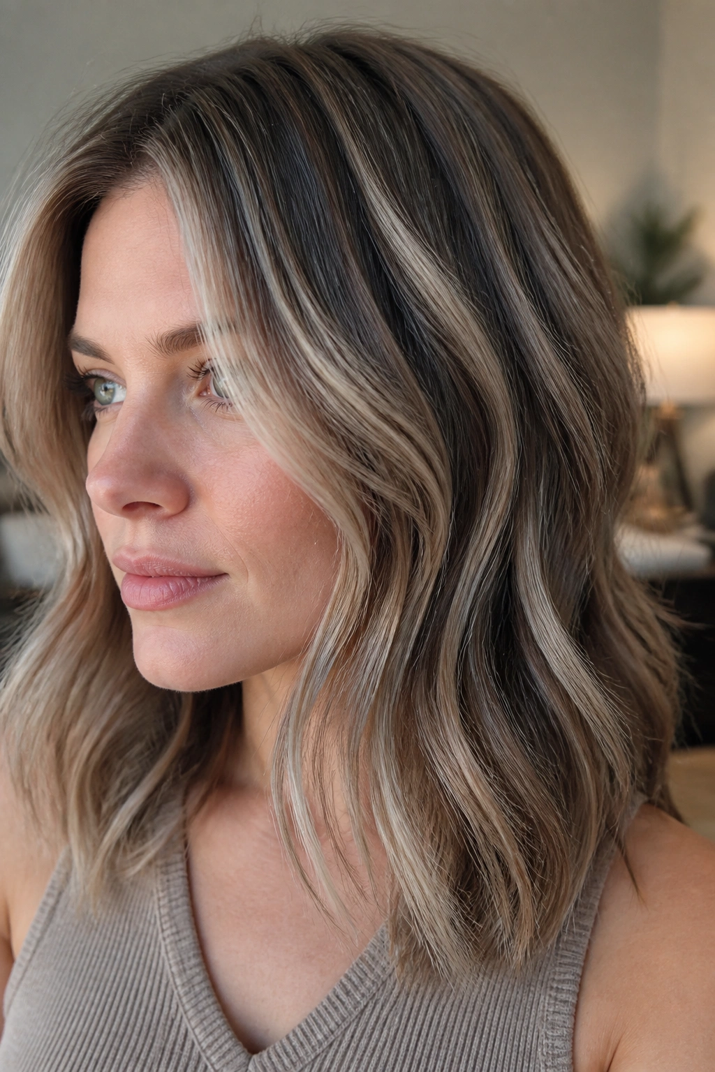 Close-up of shoulder-length hair with beige ribbon highlights