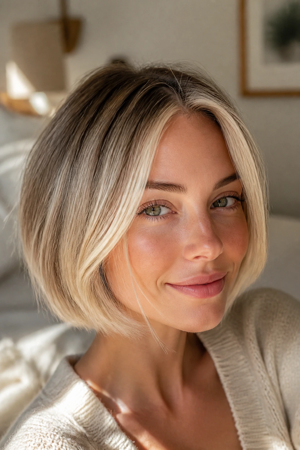 Close-up of a real woman with beige ribbon money piece on a fine-hair short bob.