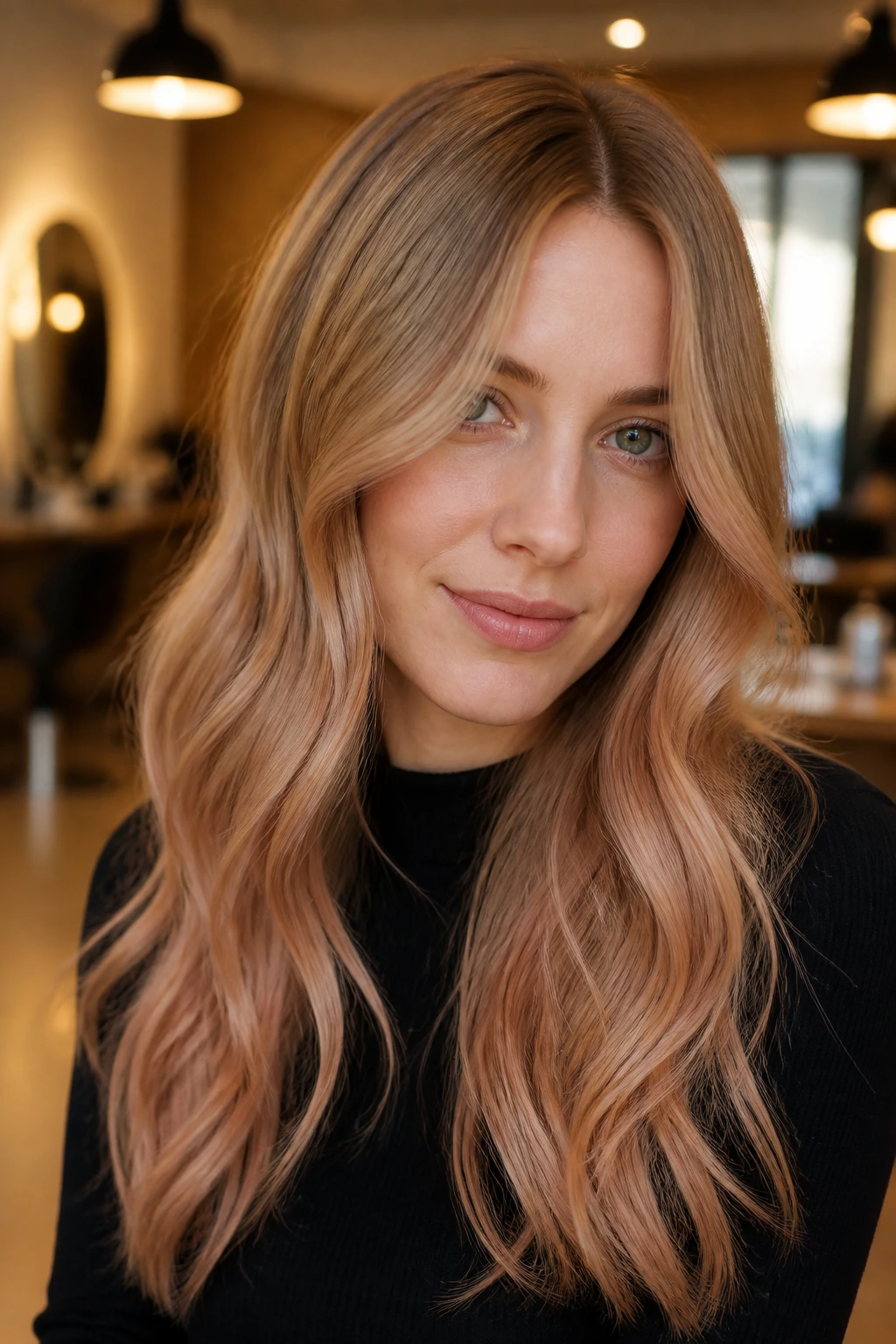 Close-up of a real woman with beige roots fading to strawberry blonde on long hair