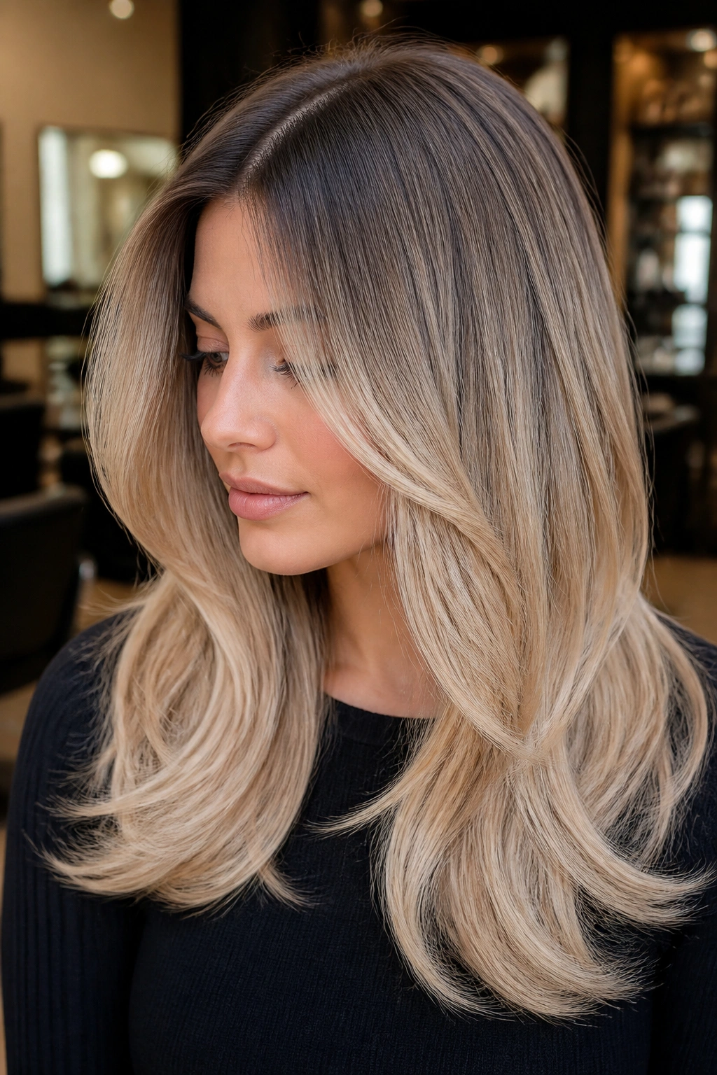 Portrait of real woman with beige root smudge and soft beige ends.