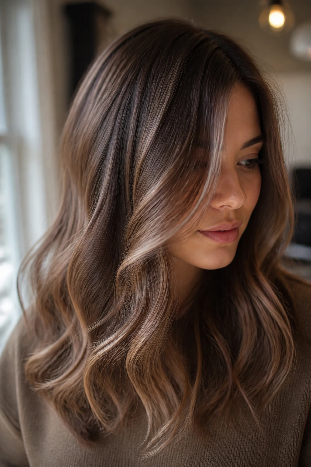 Close-up portrait of a real woman with beige rose babylights on neutral brown hair.