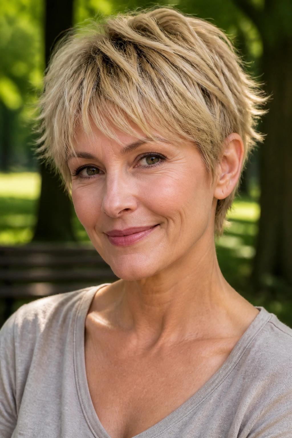 Portrait of a real woman with beige shag pixie piecey ends
