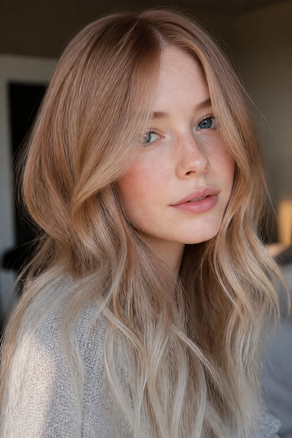 Close-up portrait of a woman with beige strawberry blonde hair and ashy ends in soft daylight