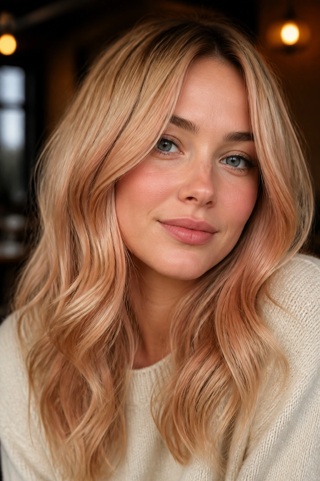 Close-up of a real woman with beige strawberry blonde hair on cool skin