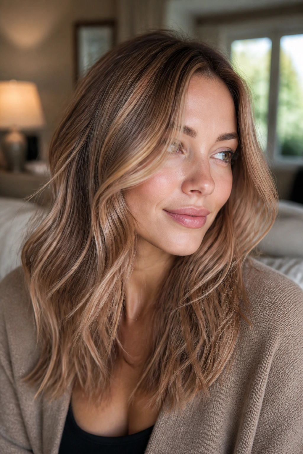 Close-up of beige strawberry bronde hair on a real person with soft natural tones