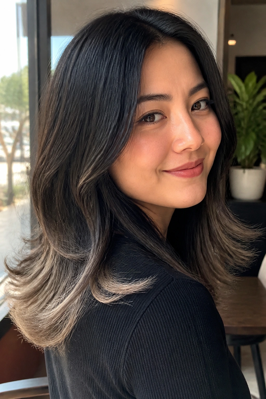 Close-up of hair with barely-there beige tips on long black hair