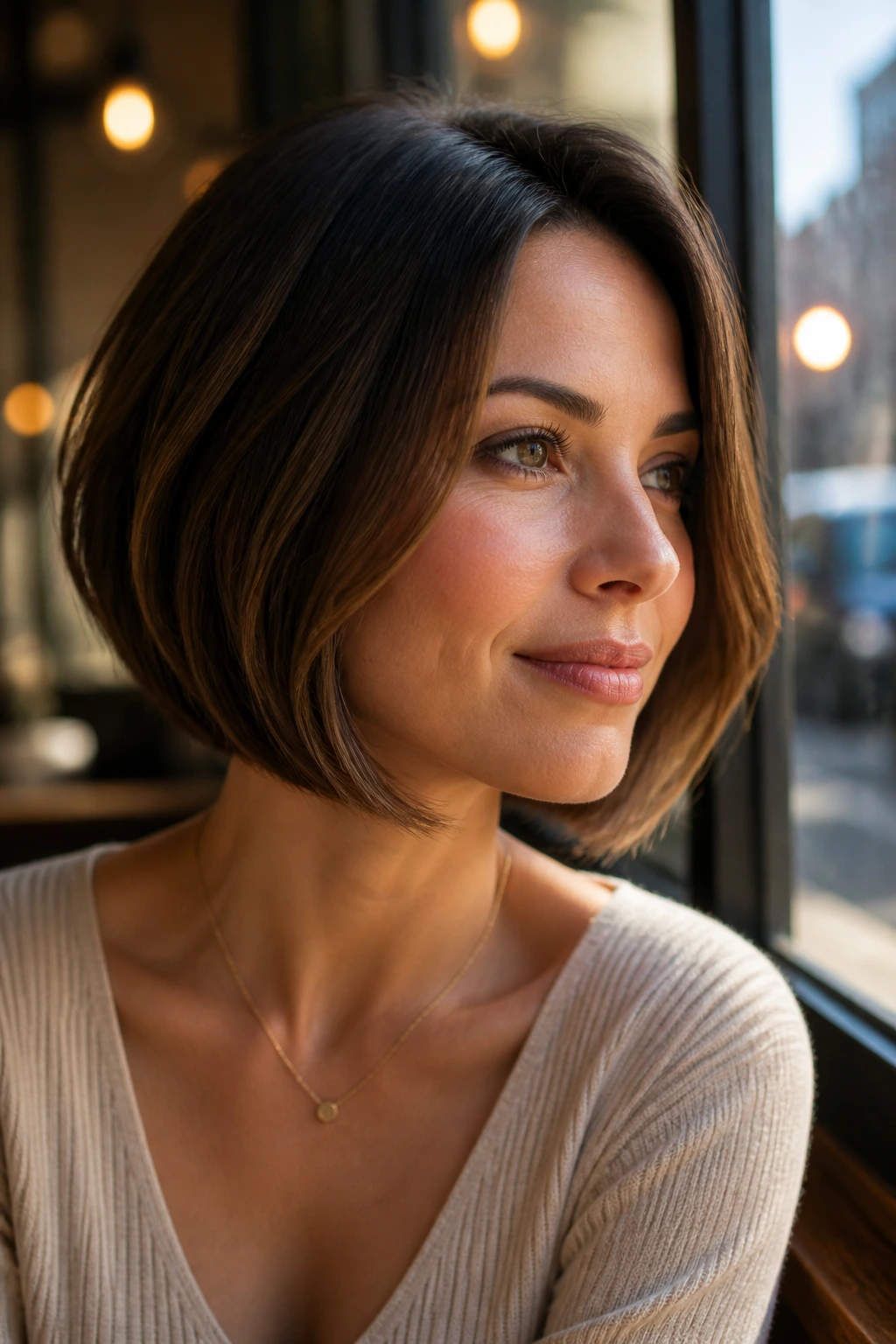 Close-up portrait of a real woman with a soft below-jaw bob and layered ends