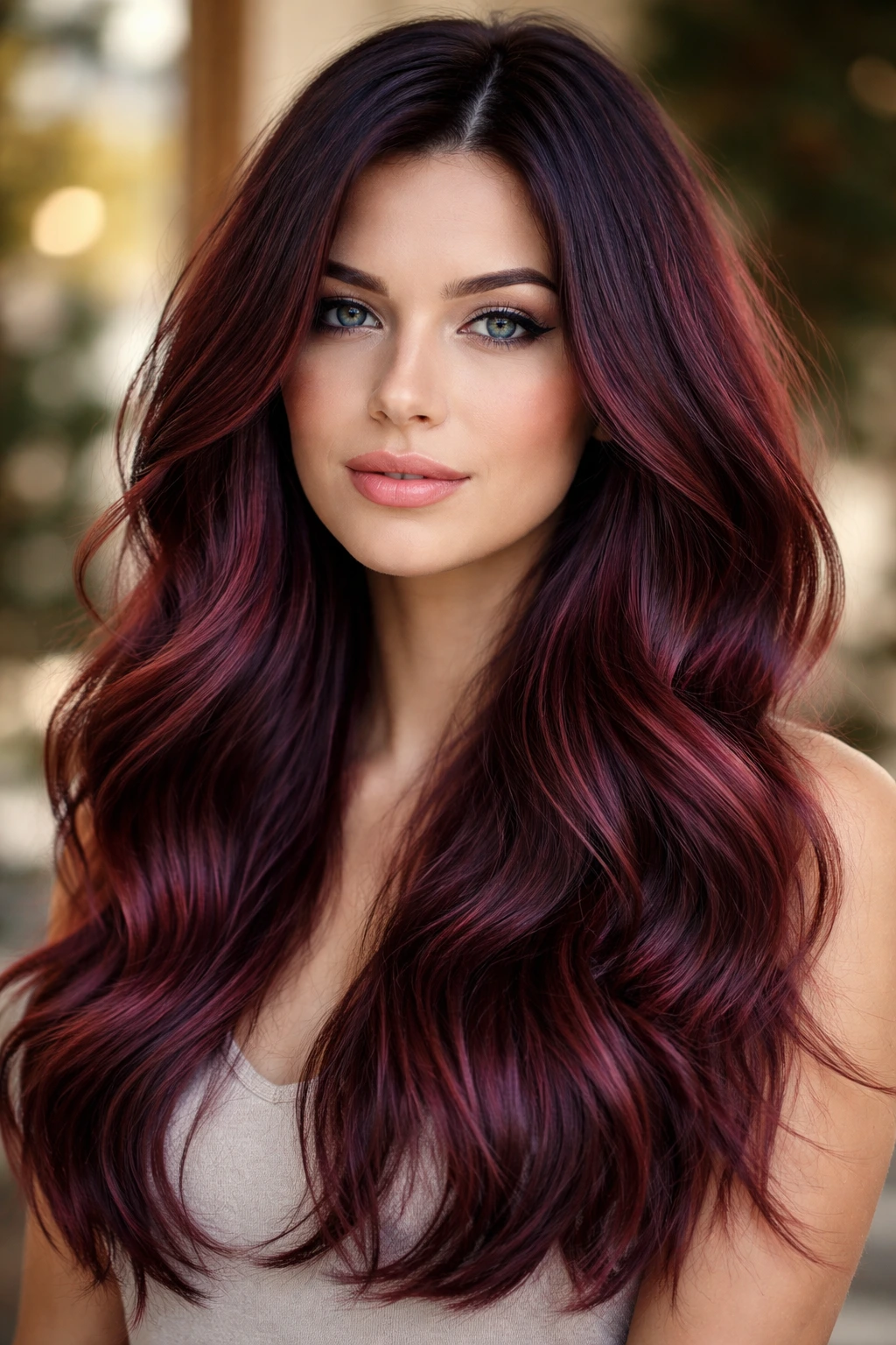 Portrait of a person with cool berry balayage hair from root to ends.