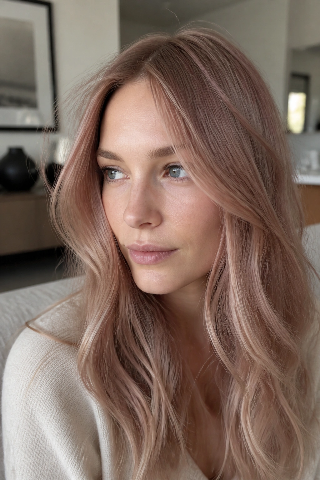 Close-up portrait of a real woman with Berry Beige Blonde hair in natural light