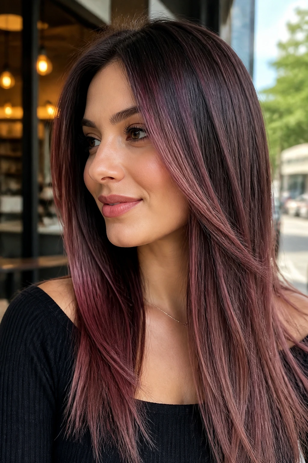 Berry blonde balayage on straight brown hair in a real person portrait.