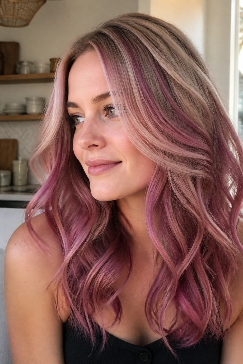 Close-up of a real woman with berry blonde glaze in a warm kitchen setting.