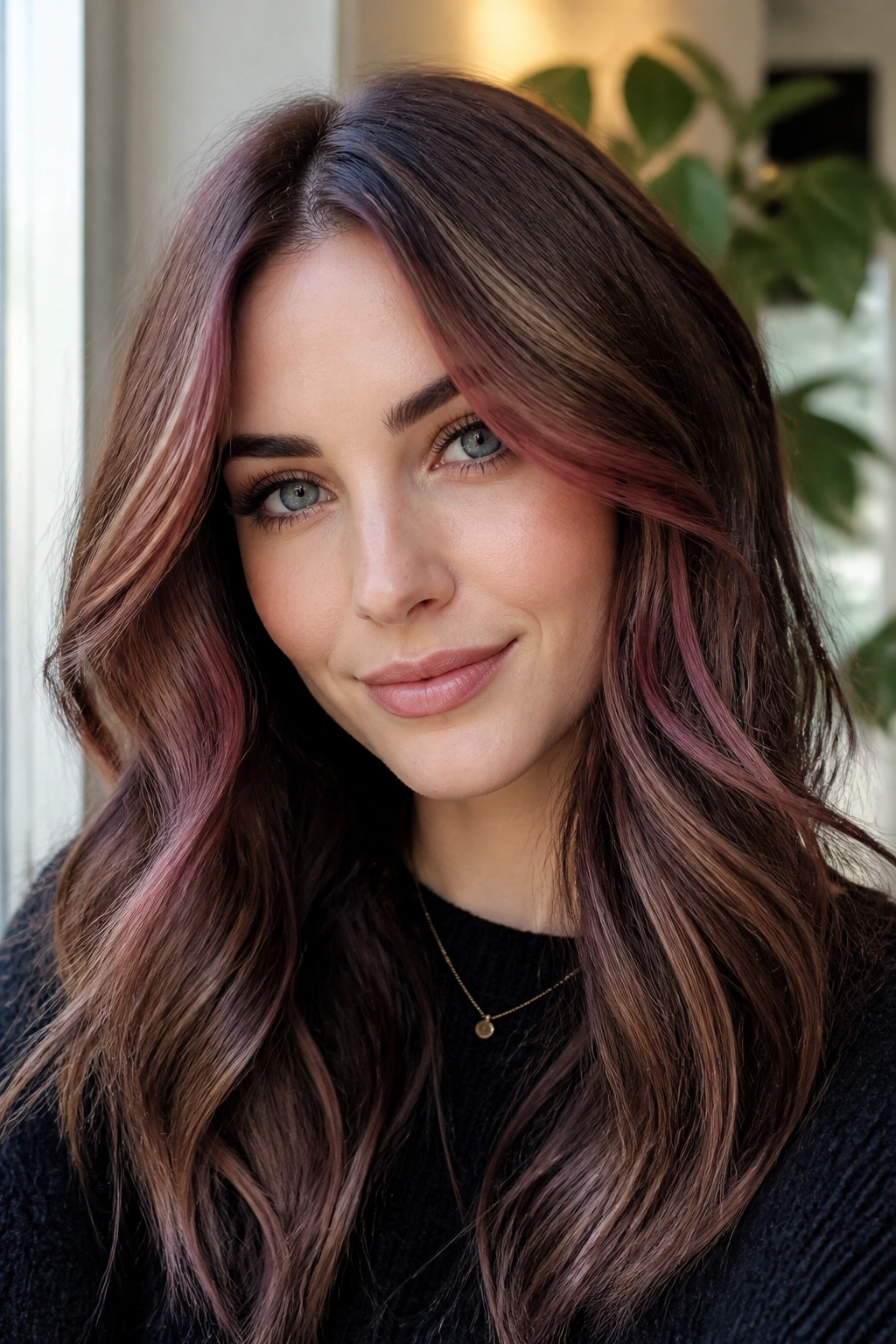 Close-up portrait of a real woman with berry bronde hair featuring berry-tinted pieces around the face