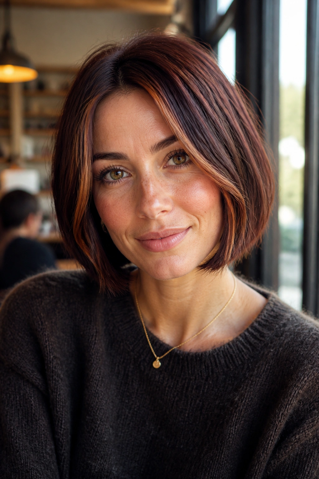 Woman with a berry brown bob and lighter face-framing pieces
