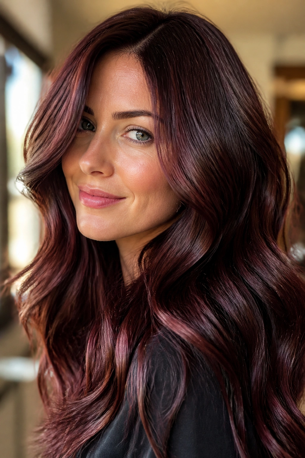 Close-up of a real woman with berry brown gloss hair showing red violet sheen