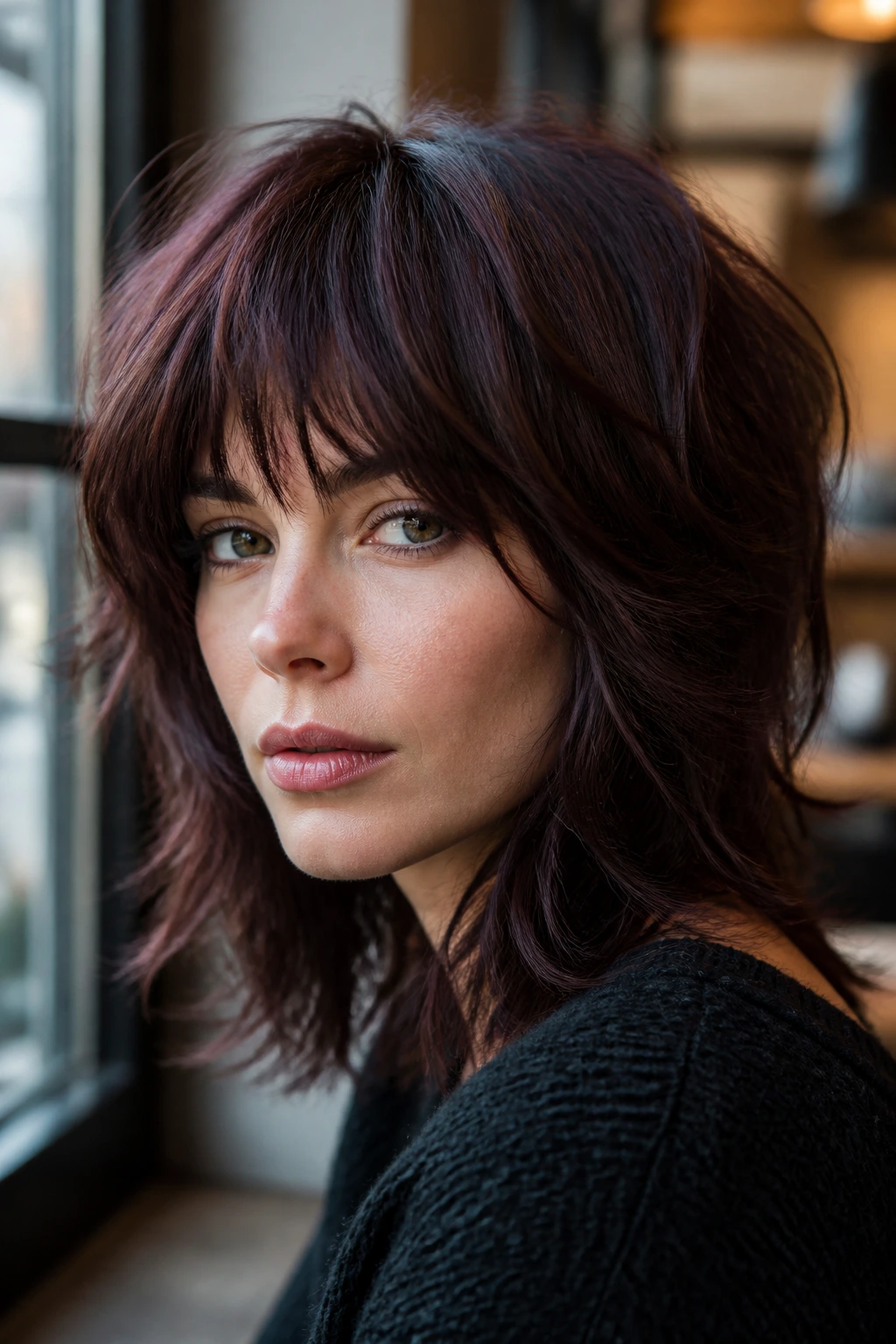 Real person with berry brown shag hairstyle showing texture