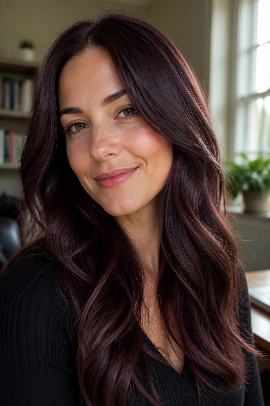Close-up of a real woman with berry brunette hair color over brown base