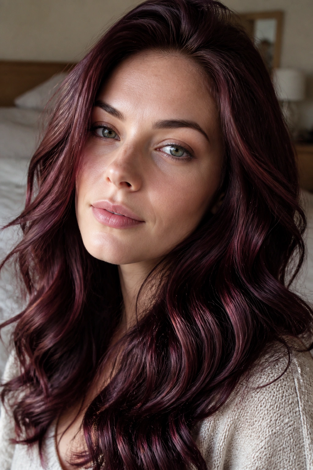 Close-up of a real woman with blue-leaning berry brunette curls in window light