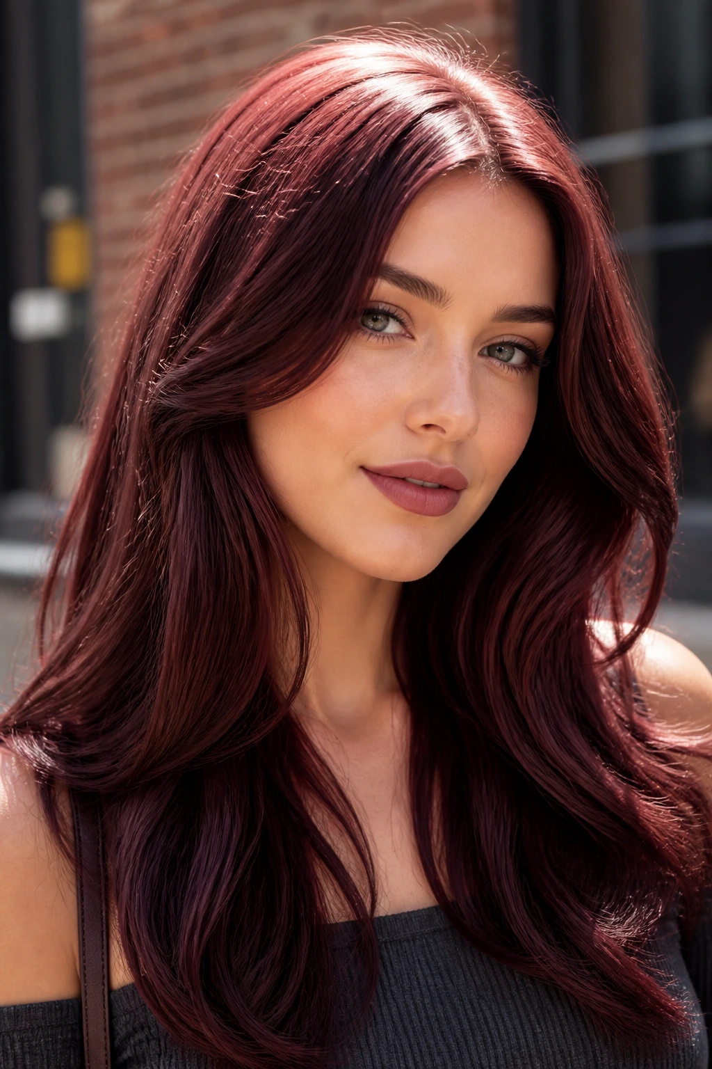 Close-up of a real woman with berry brunette hair framing her face