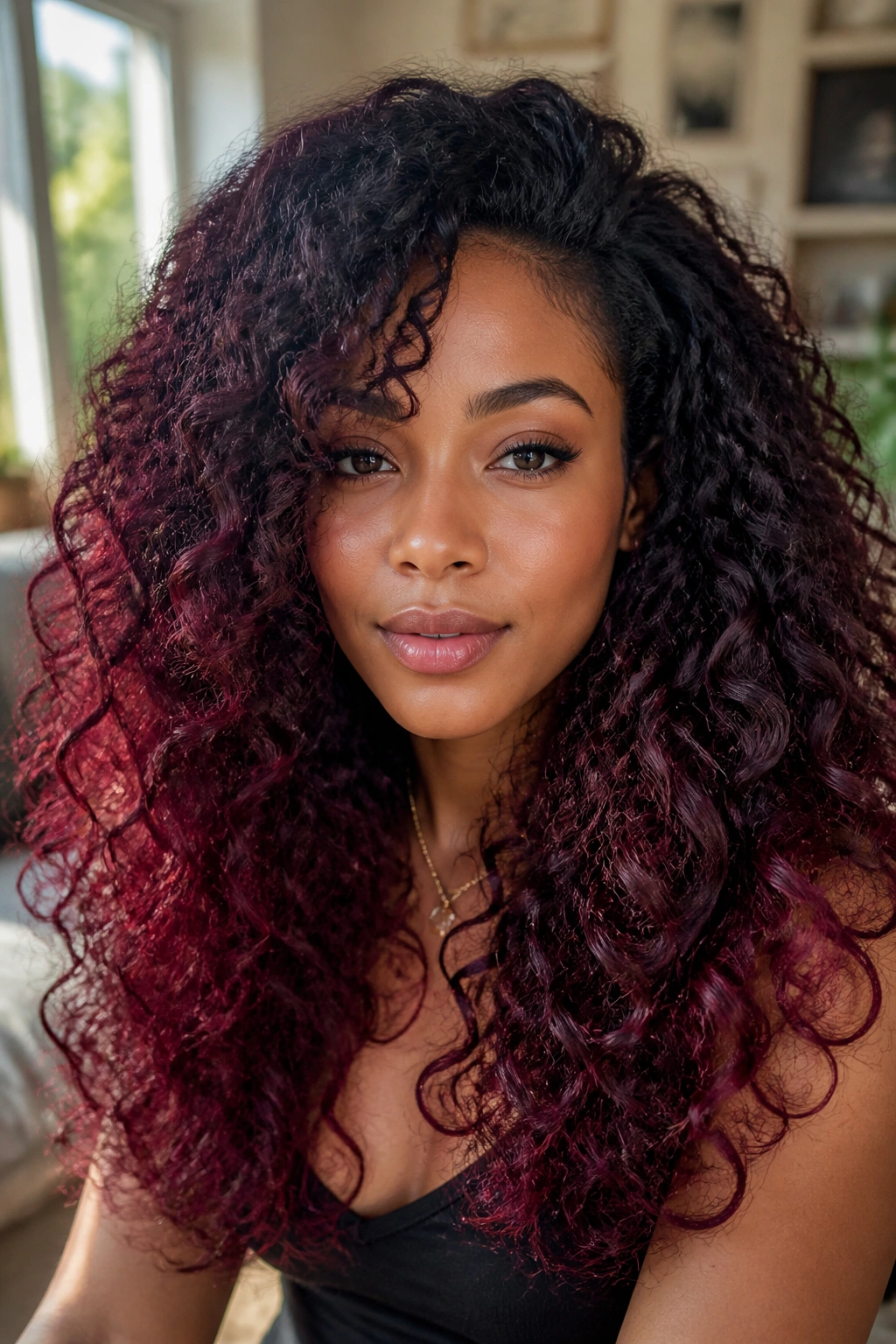 Real woman with thick curls showing berry burgundy color