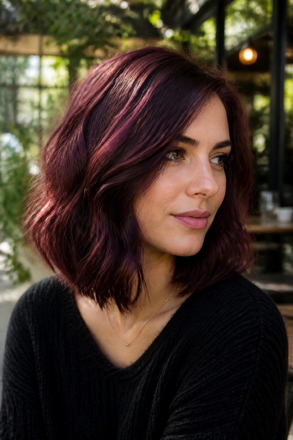 Real person with berry burgundy wavy lob in outdoor cafe light