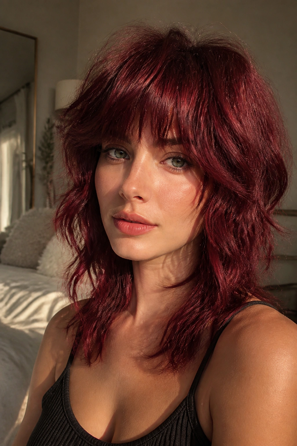 Close-up portrait of a real person with a berry-cherry shag showing messy layers and fringe
