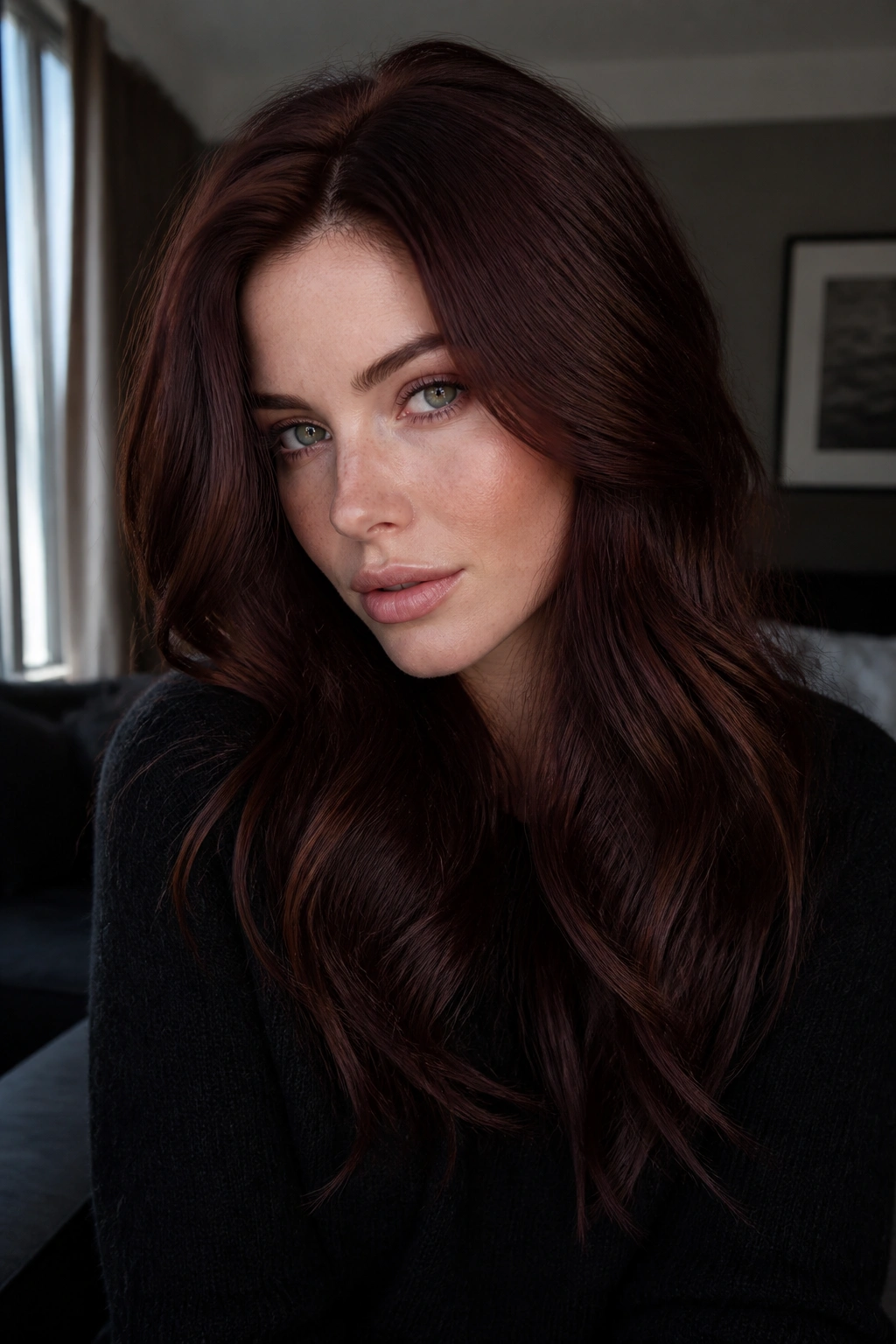 Close-up of a real woman with blackberry chestnut brown hair in moody light
