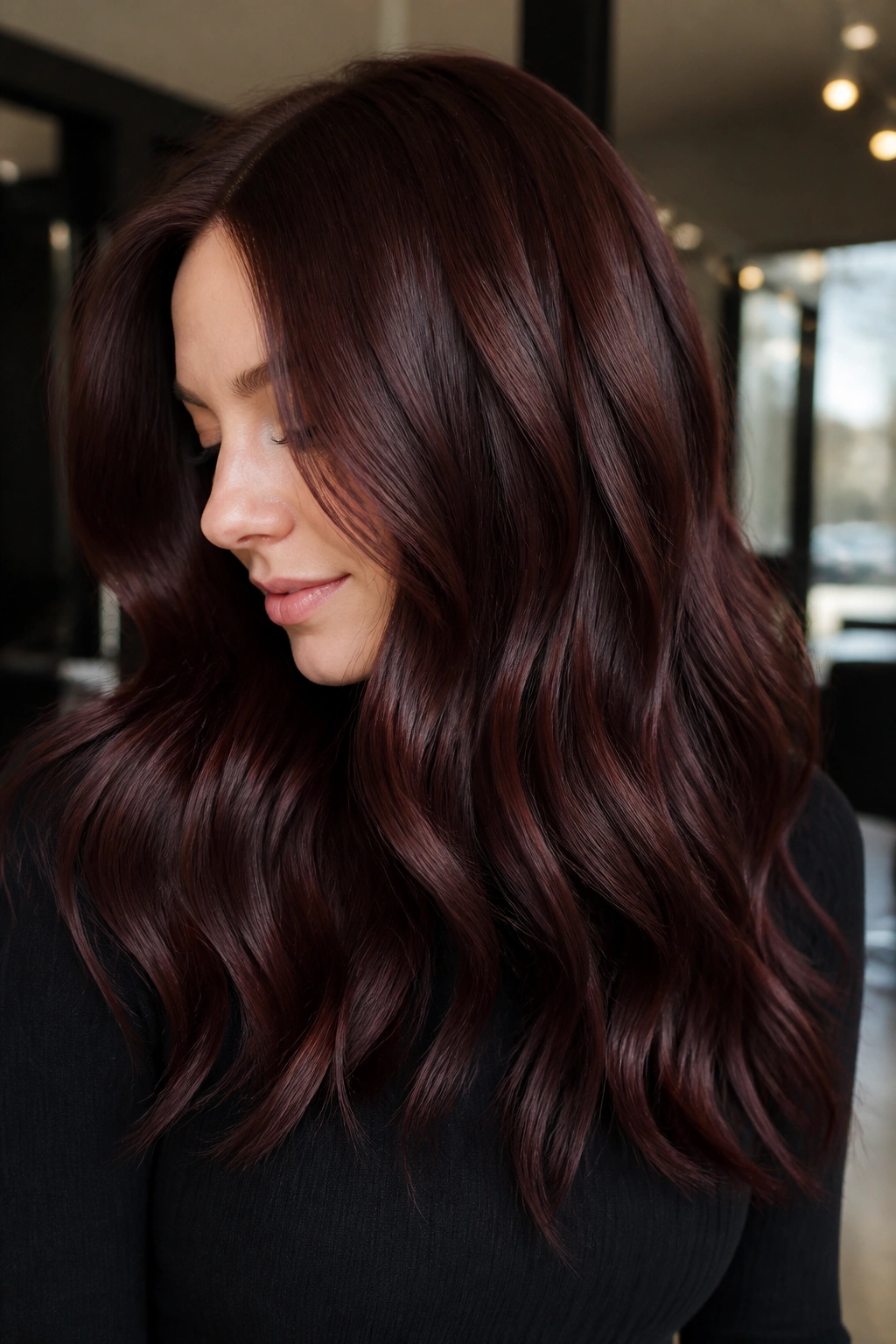 Close-up portrait of a real person with Berry Cola Brunette hair showing deep brown base and berry-red sheen