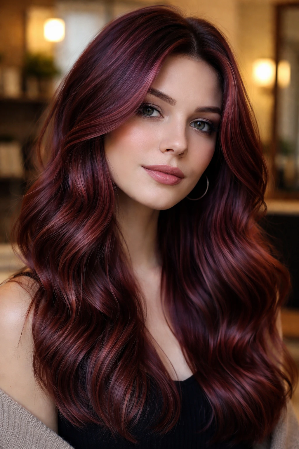 Close-up portrait of berry-copper glaze hair on a real person