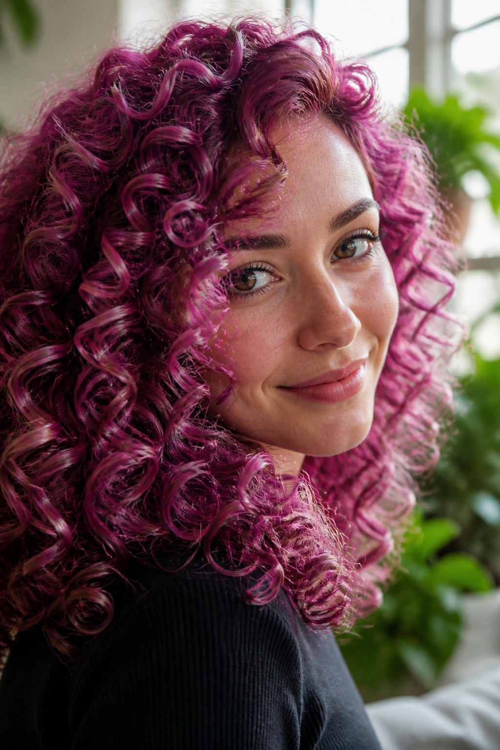 Portrait of person with berry sorbet curls under natural light