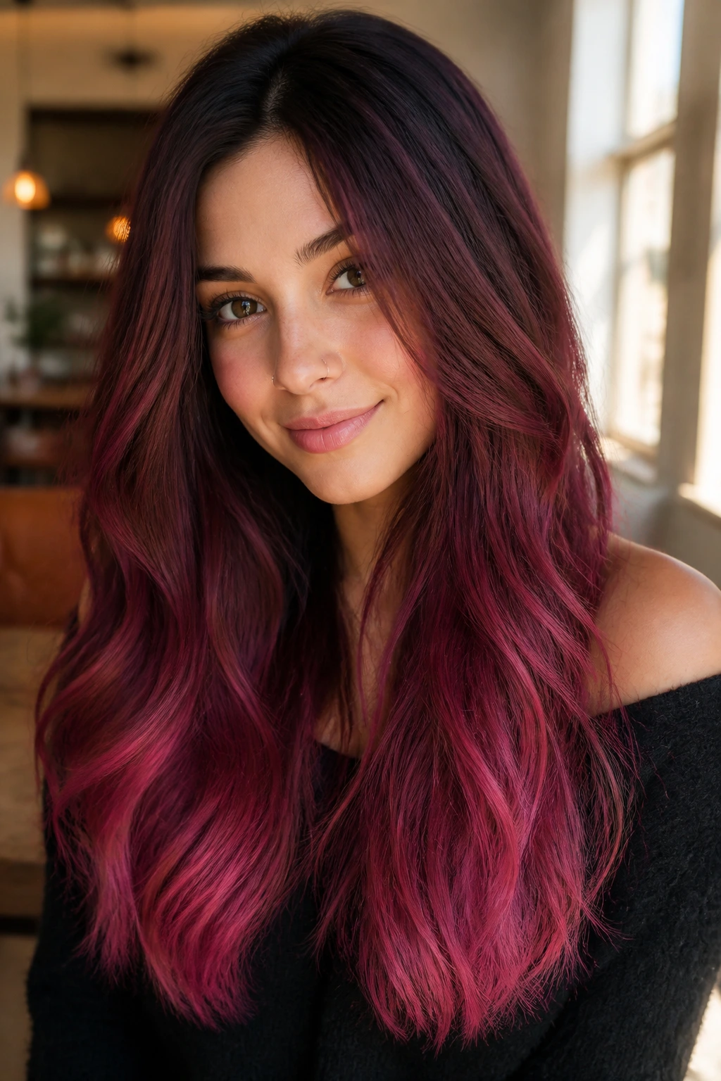 Close-up of a real woman with Berry Jam Ombre hair, deep roots fading to raspberry ends in soft waves.