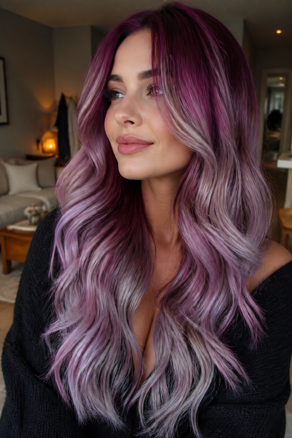 Portrait of berry-lavender fusion ombre with deep dimension on long hair