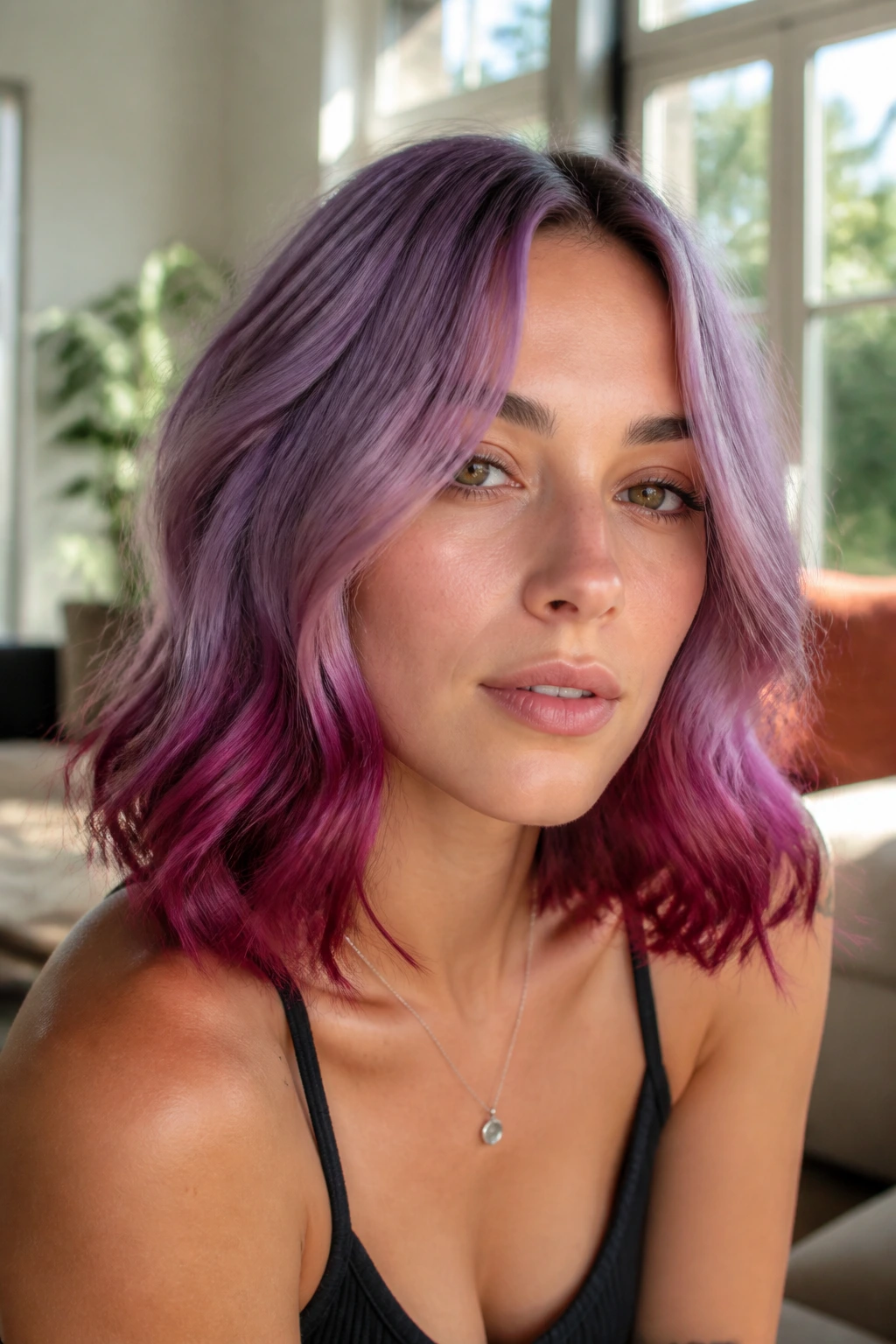 Close-up portrait of a woman with berry-dyed hair ending in lavender mid-lengths