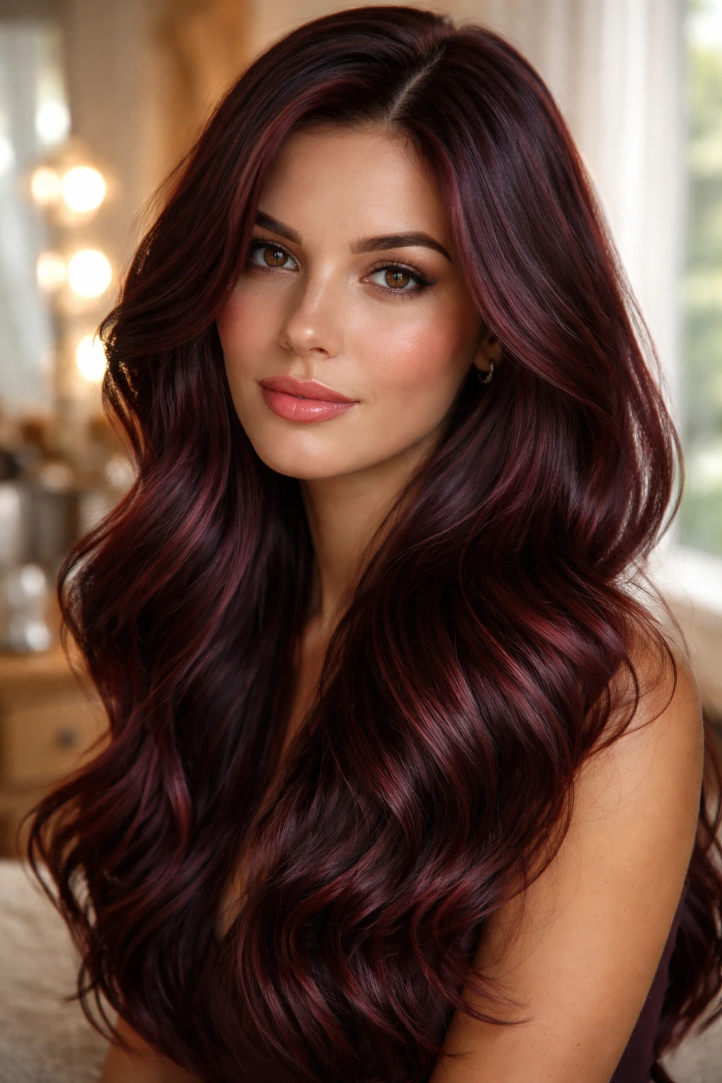 Close-up portrait of a real woman with berry-mahogany glossy hair in warm window light