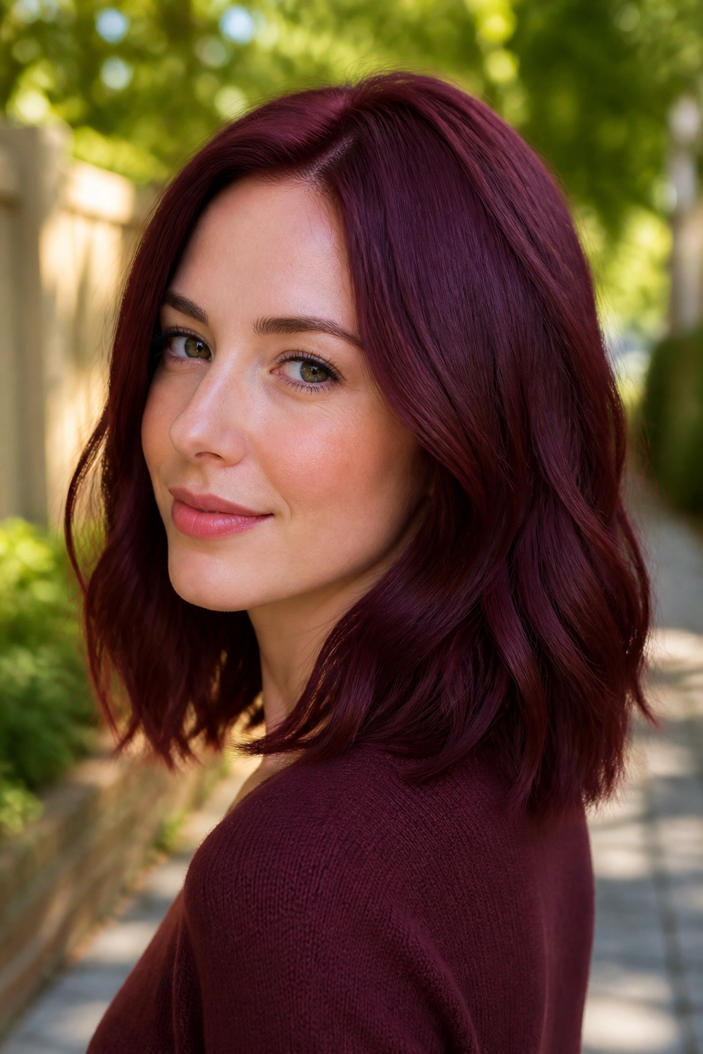 Real woman with berry mahogany midlength blunt cut.